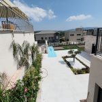 גינה מטופחת הכוללת בריכה, צמחים ועבודות