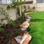 גינה יפה עם עצים, פרחים ושבילי