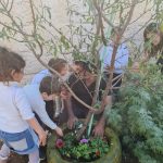 ילדים עובדים בגינה עם צמחים וגלגל