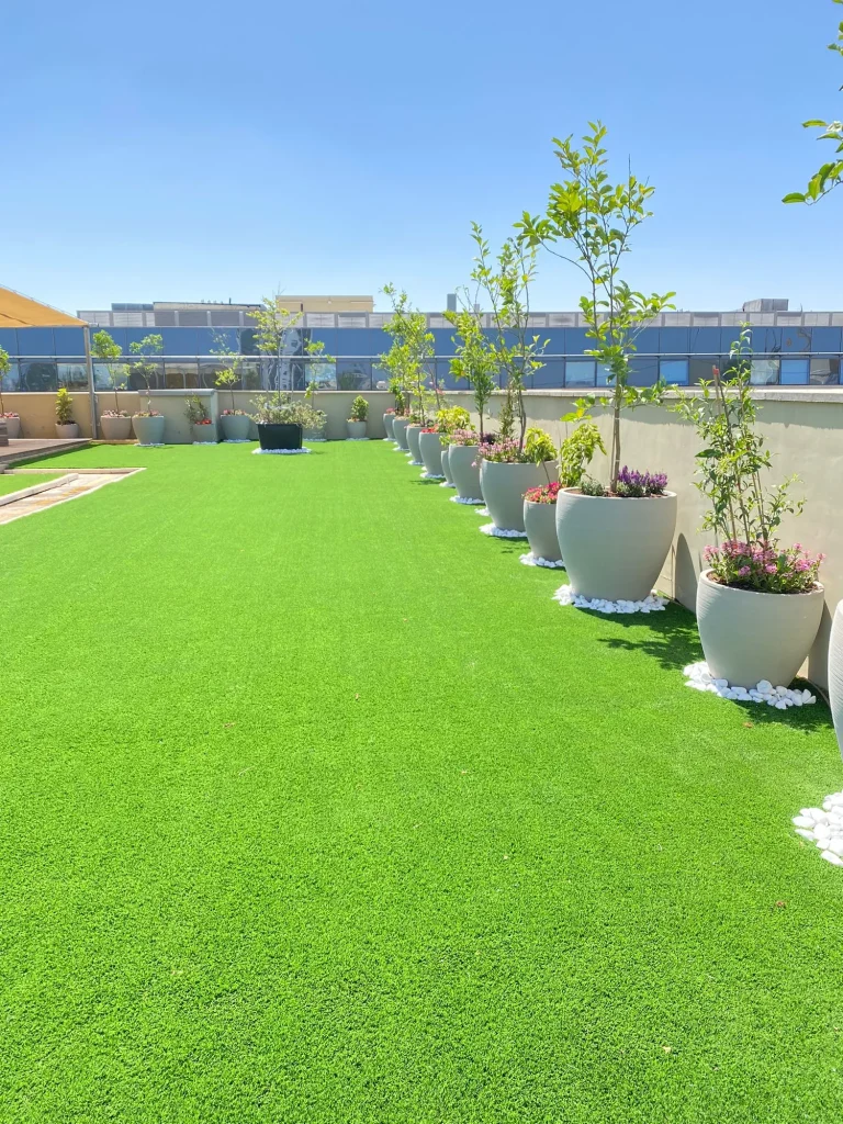 משטח דשא סינטטי רחב ולאורכו שורת עציצים שתולים