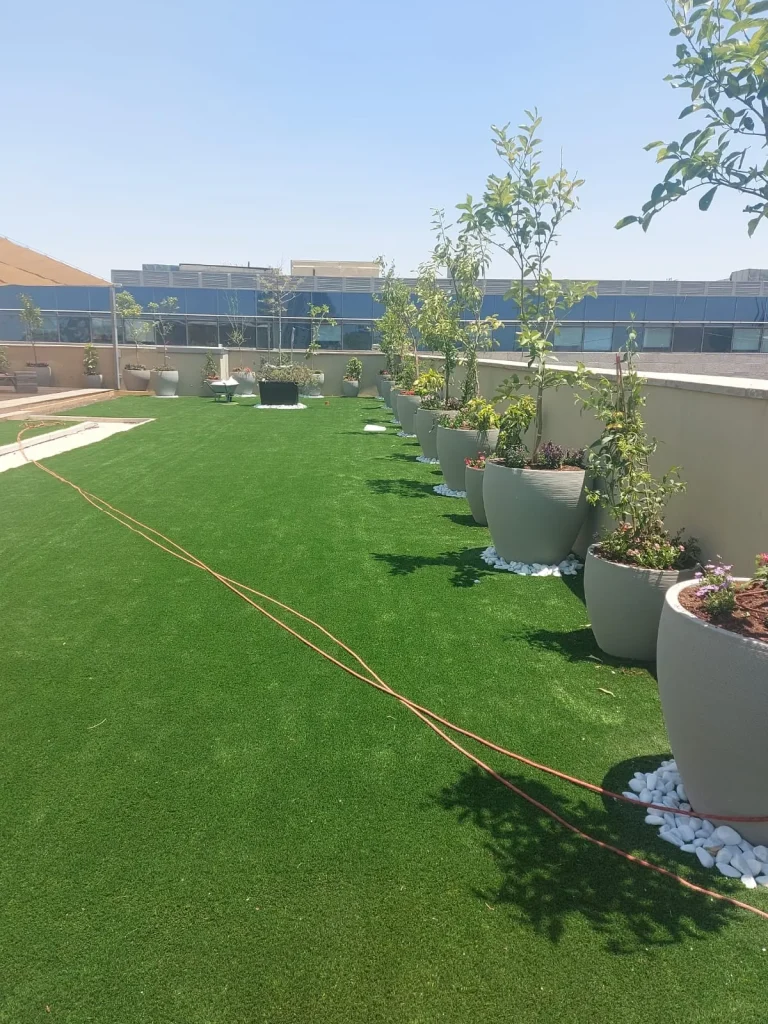צינור השקיה על הדשא הסינטטי במהלך העבודה, לצד שורת העציצים