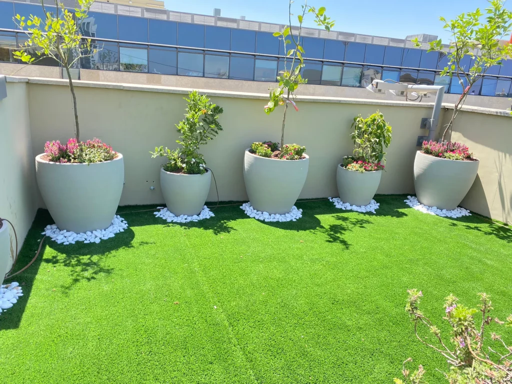 שורת עציצים גדולים עם עצים צעירים ופרחים ורודים על דשא סינטטי בגינת הגג של ג'נרי