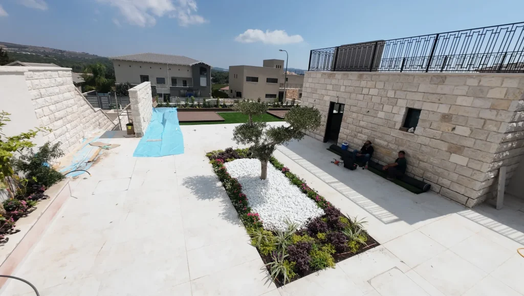 ערוגה עם עץ זית, אבנים לבנות ושתילה צבעונית בחצר המרוצפת