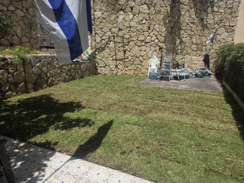 מדשאה טבעית חדשה בחצר, לצד שביל מרוצף וקיר אבן
