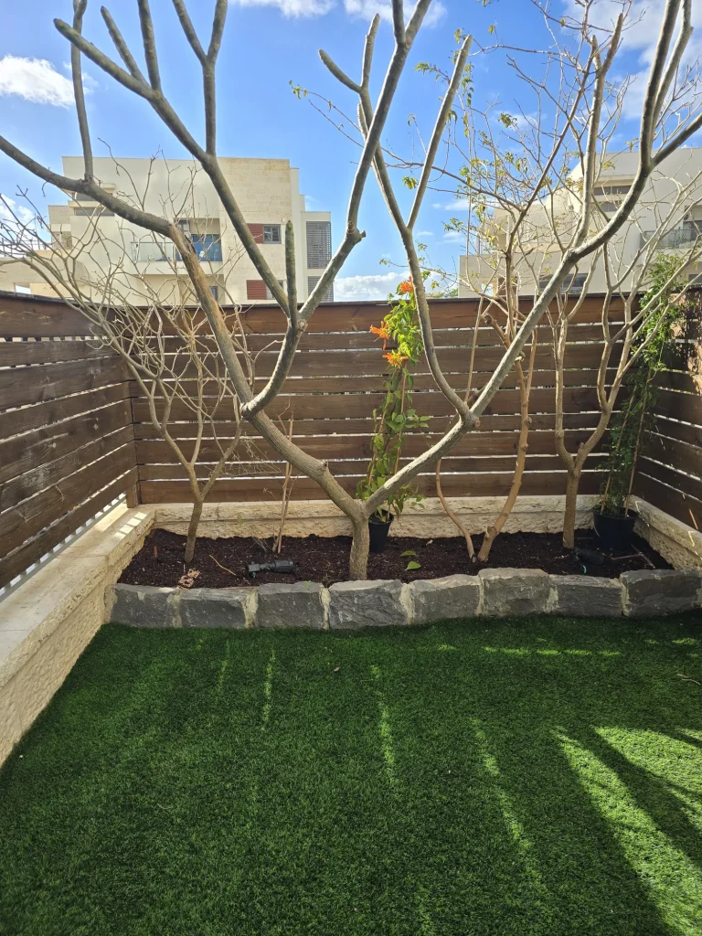 עץ צעיר בערוגה מול גדר עץ, עם שפת אבנים ודשא סינטטי